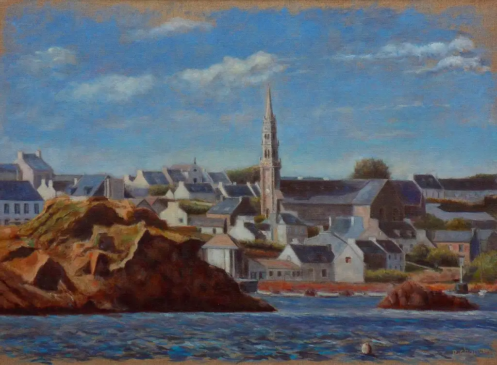 La baie de Lampaul 81 x 60 Le ressac y récite un poème d’écume, Où la roche se tord sous le ciel qui s'allume. À la pointe d'Ouessant, là où le monde finit, La baie de Lampaul s'ouvre, immense, dans la nuit.